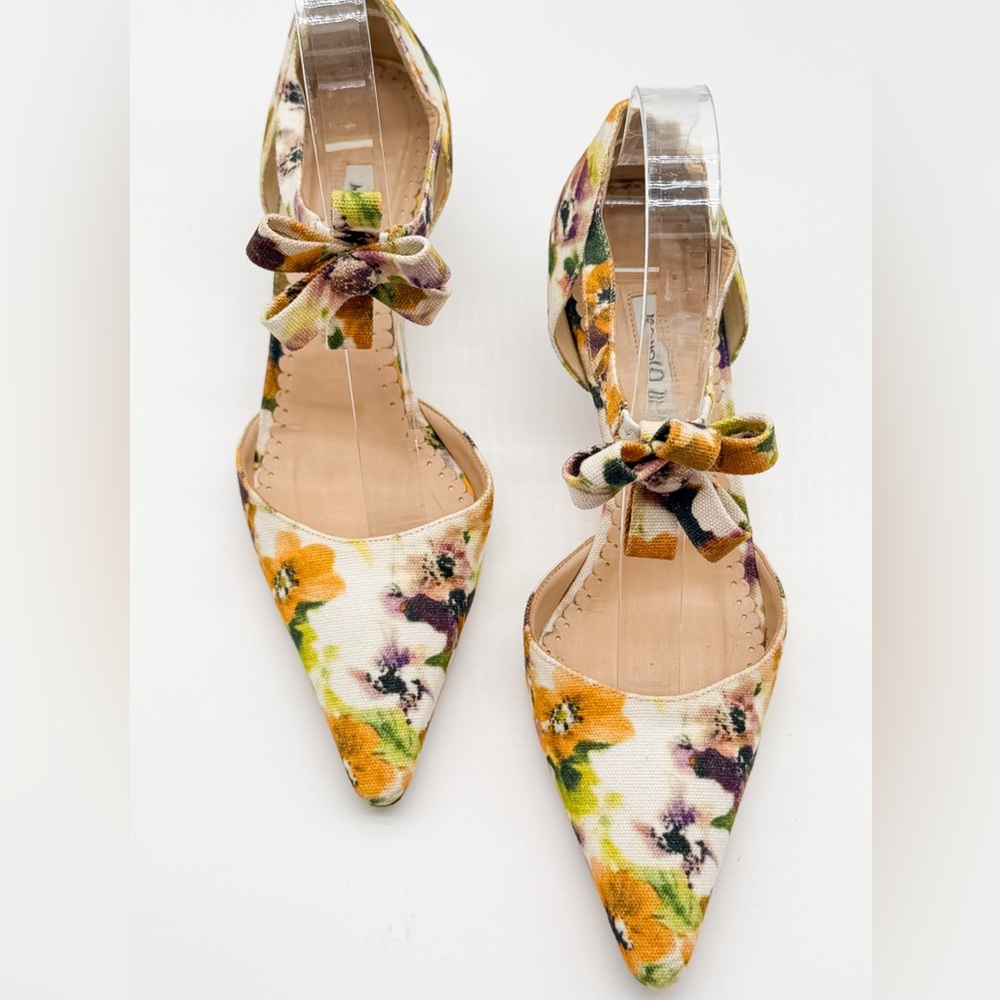 Manolo Blahnik Vintage Floral Canvas Slingback Kitten Heel Pumps EU 37.5 US 7.5 - Picture 13 of 14